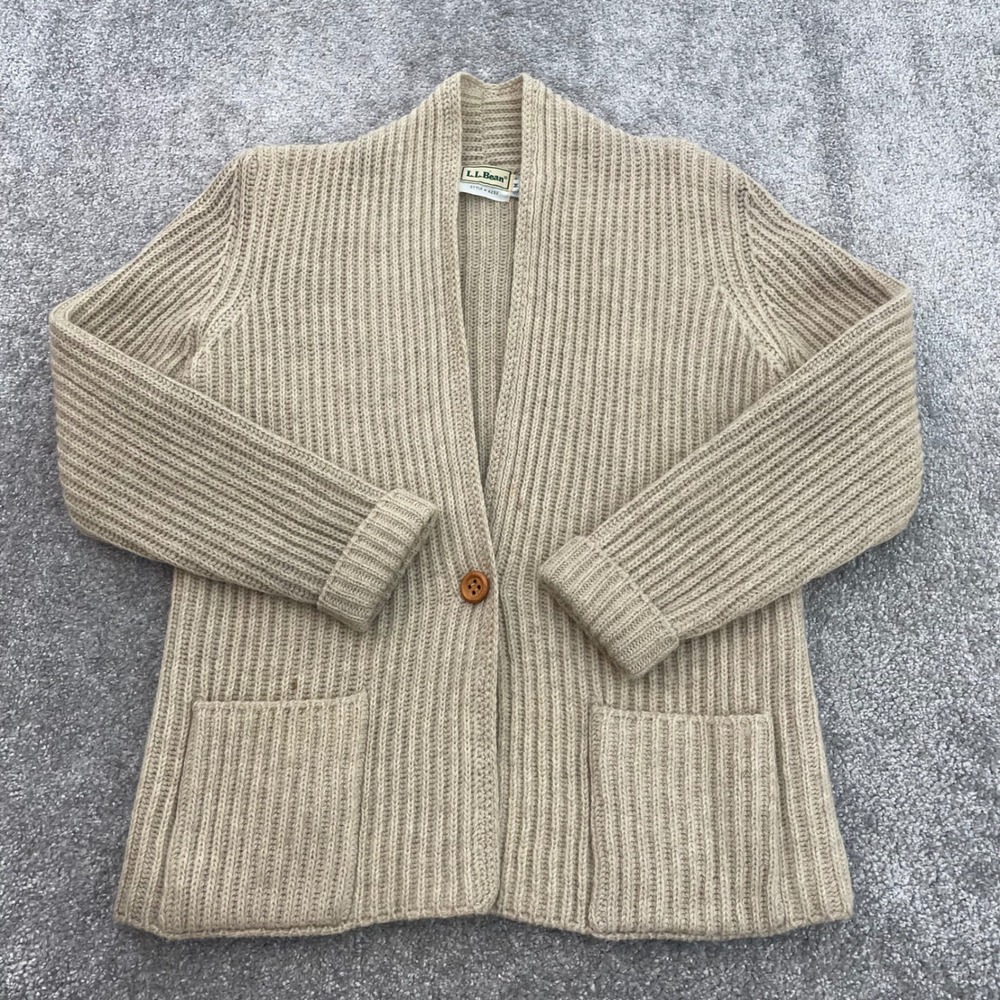 Vintage LL Bean Wool Cardigan Sweater Womens Medium Oatmeal Ribbed One Button